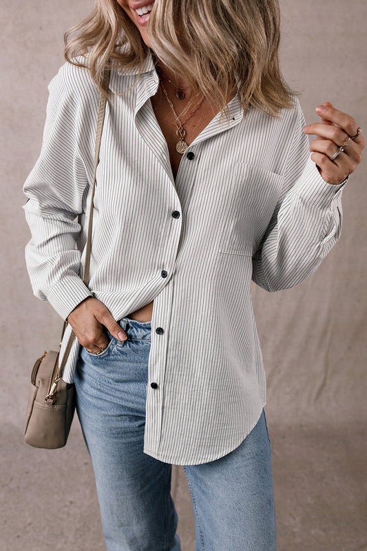 Stripe Roll-tab Sleeve Pocketed Long Shirt