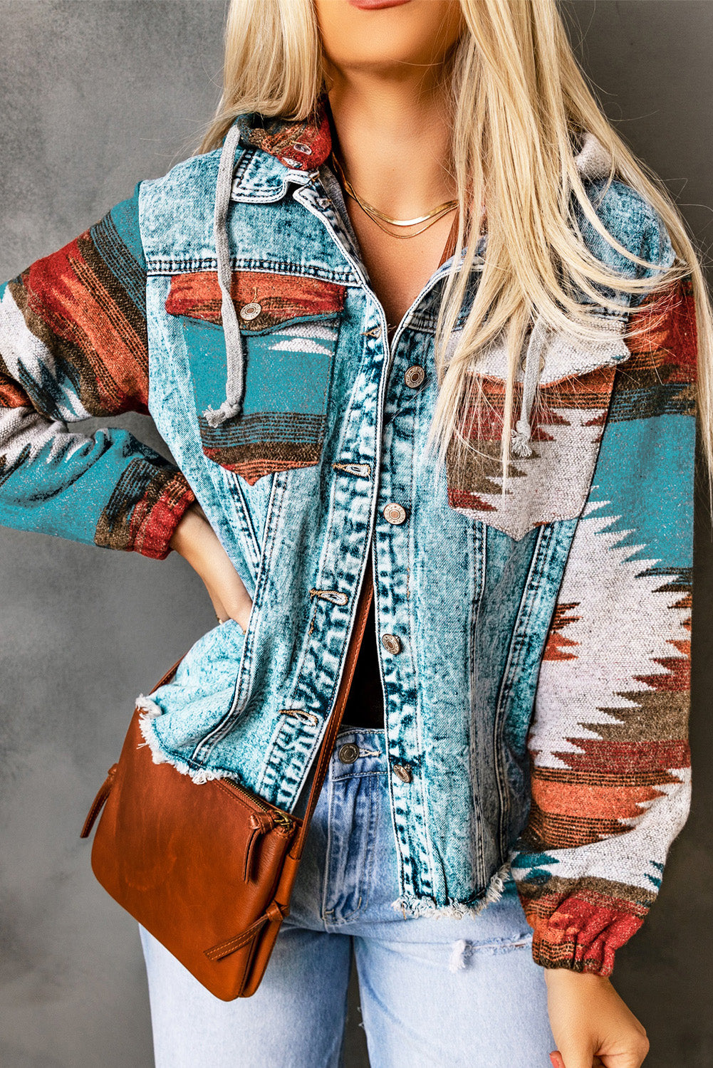 Multicolor Aztec Print Frayed Hem Denim Jacket