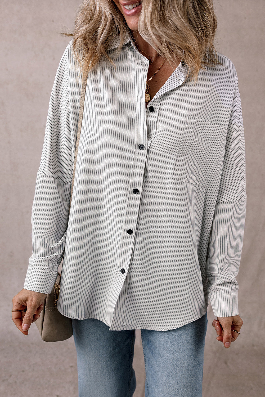 Stripe Roll-tab Sleeve Pocketed Long Shirt