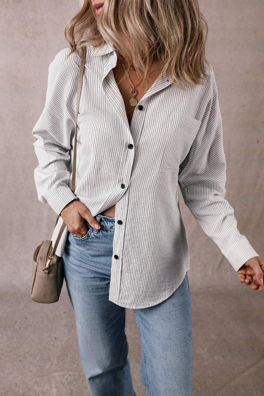 Stripe Roll-tab Sleeve Pocketed Long Shirt