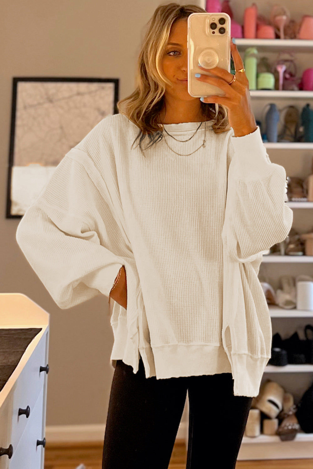 White Waffle knit Bishop Sleeve Split Oversized Top