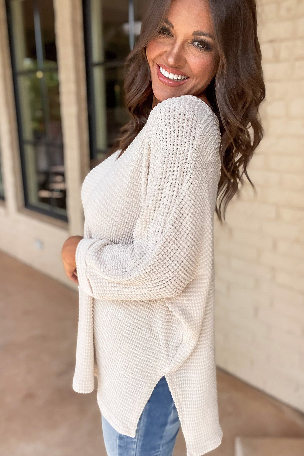 White Waffle Knit Side Slits Loose Fit V Neck Top