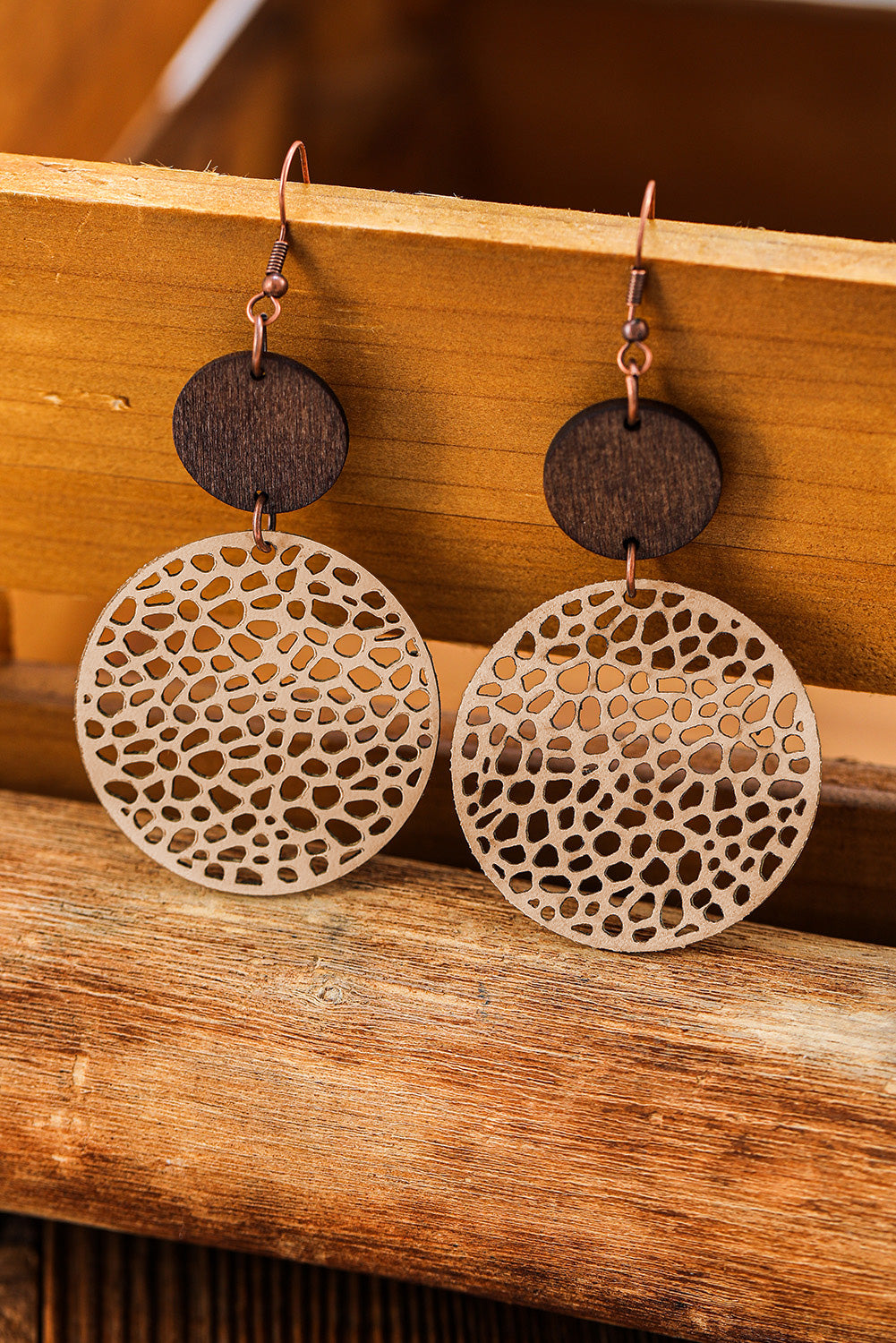 Khaki Hollow Out Wooden Round Drop Earrings