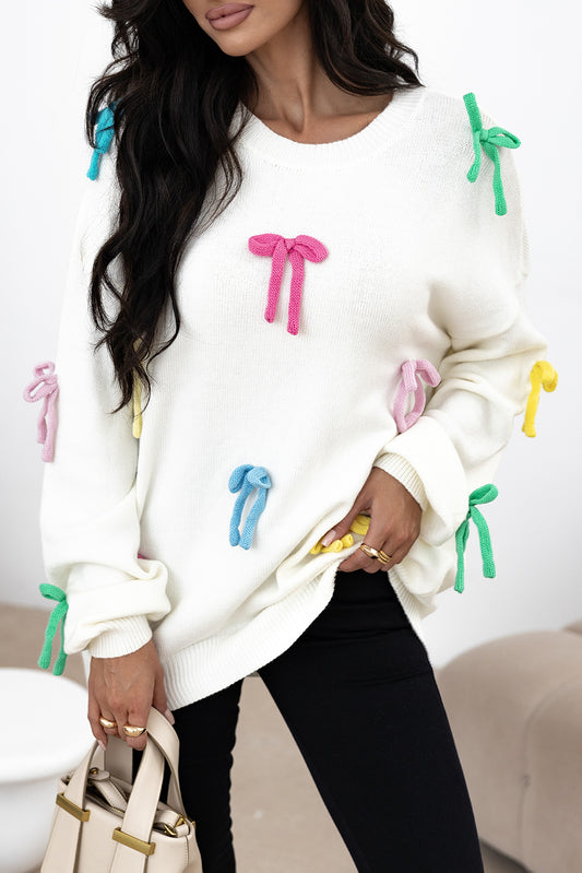 Beige Colorful Bow Knot Decor Crewneck Oversized Sweater