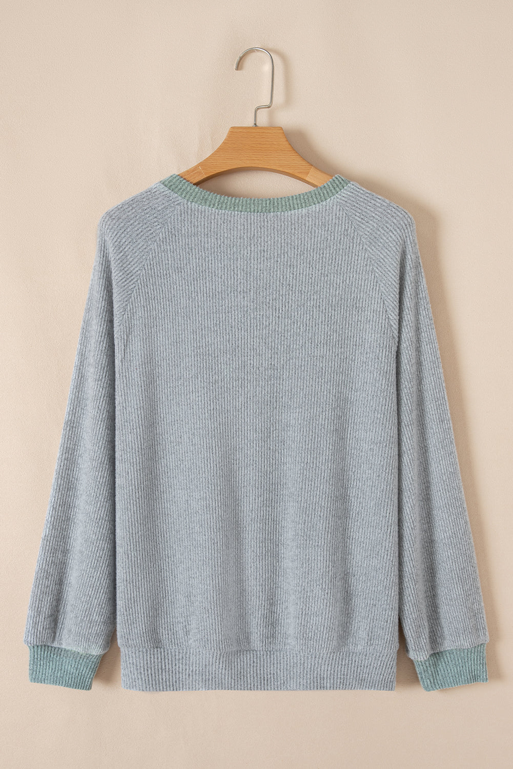 Light Grey Color Contrast Ribbed Loose Fit Long Sleeve Top